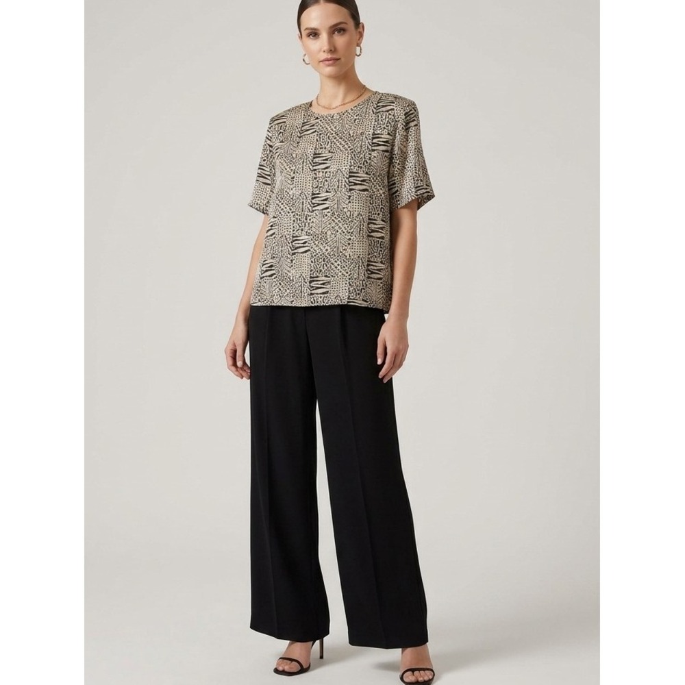 Anna & Frank Vintage 90s Silk Boxy Blouse Lg Animal Print Tan Black Short Sleeve